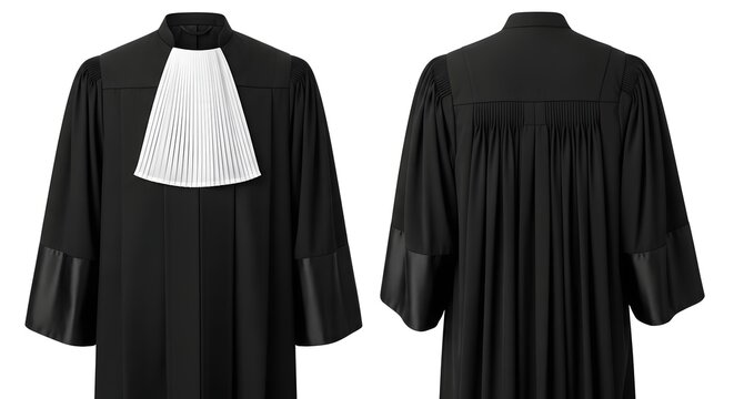 Front and back view of a traditional black legal robe with white jabot