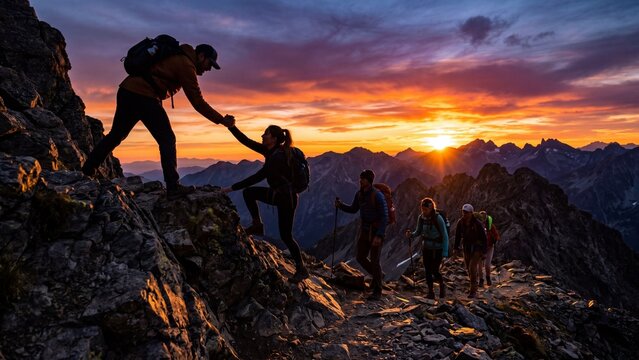 Hikers reaching mountain summit at sunset teamwork and adventure concept dramatic sky and scenic landscape