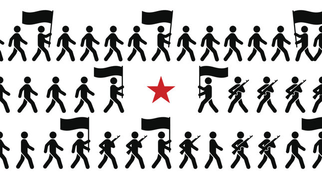 Protest March: Stick Figures Marching with Flags and Weapons