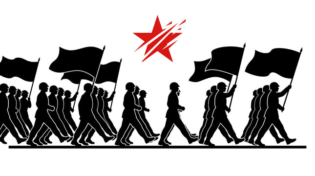 Protestors Marching with Flags and Red Star Symbol