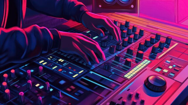 Close up of hands manipulating the knobs of a mixing console in a studio with purple and orange lighting.