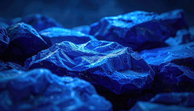 Close-up of radiant blue crystals with shimmering particles scattered across their surfaces.