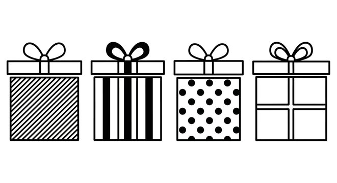 A collection of four distinct gift boxes with unique patterns and ribbons, showcasing diverse designs for festive occasions