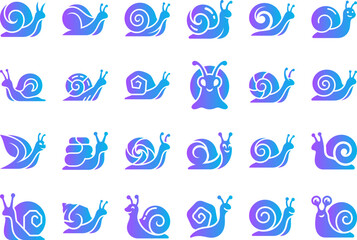 Cute snail icons set various poses and expressions blue purple gradient for kids design. © BM