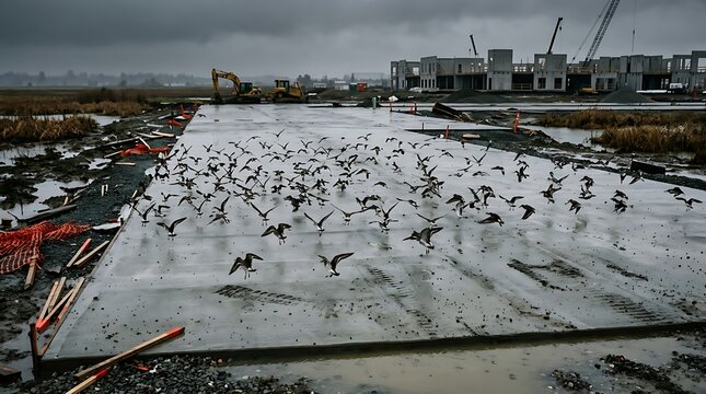 Large flock of birds flying over flooded construction site with heavy machinery