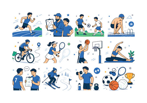 Sports Activity Set. Sports types, athletic activities, team games, training, fitness, competition, movement, outdoor recreation, coaching, and active lifestyle. 12 minimalist editorial vector scenes: