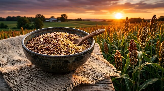 Rustic bowl of sorghum grain on burlap sack at golden sunset harvest field