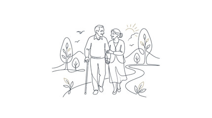 Obraz premium Elderly Couple Walking Together in Scenic Nature