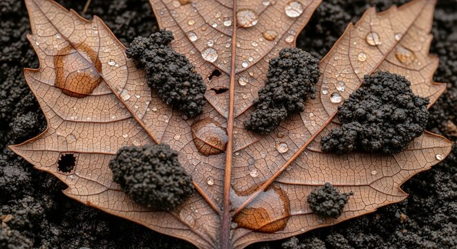 Close up of dark brown clusters on a fallen autumn leaf with water droplets.