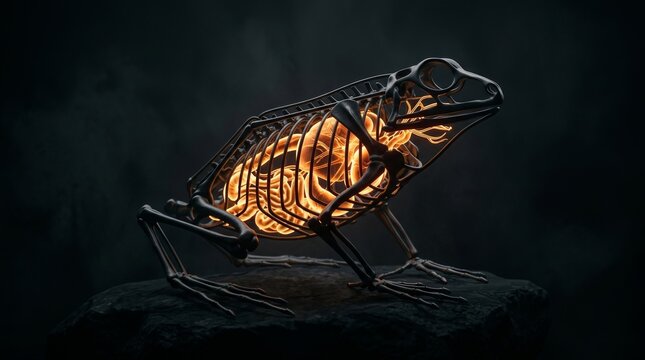 Unique Frog Skeleton with Illuminated Internal Structure in Darkness
