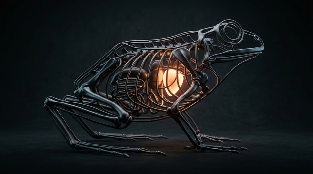 Futuristic Frog Sculpture with Visible Skeleton and Glowing Core