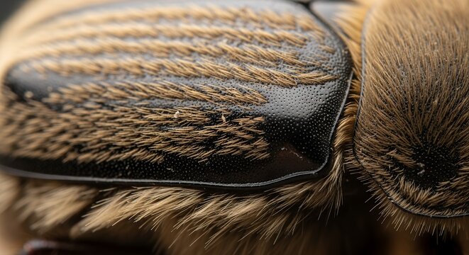 Extreme Macro Close-up of a Hairy Brown Beetles Thorax and Elytra.