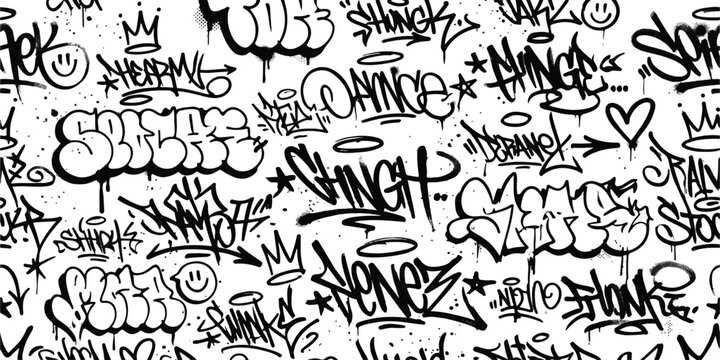 Seamless graffiti pattern with black and white street art tags and cool urban lettering designs