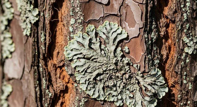 Close-up of Lichen Growing on Rough Tree Bark in Natural Light.