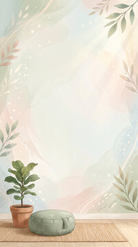 Mindfulness Sanctuary Vertical Background. Watercolor illustration of a quiet meditation corner with a zafu cushion and plant for wellness and self-care themes.