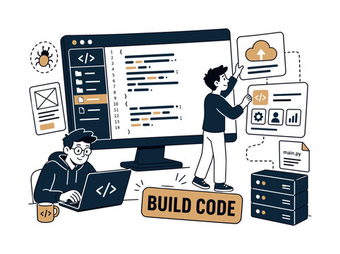 Programming Code Studio flat vector digital illustration, doodle flat, thick outline, expressive characters, simple shapes, playful proportions, exaggerated scale, minimal detail, solid fill, high