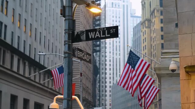 Wall Street Street Sign with American Flags in Financial District New York City USA