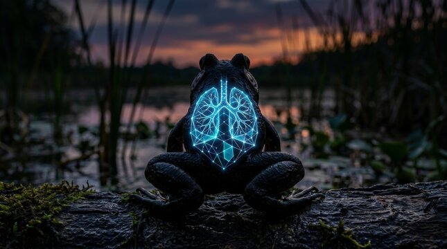 Frog with Digital Heart Shape Illustration at Sunset Background