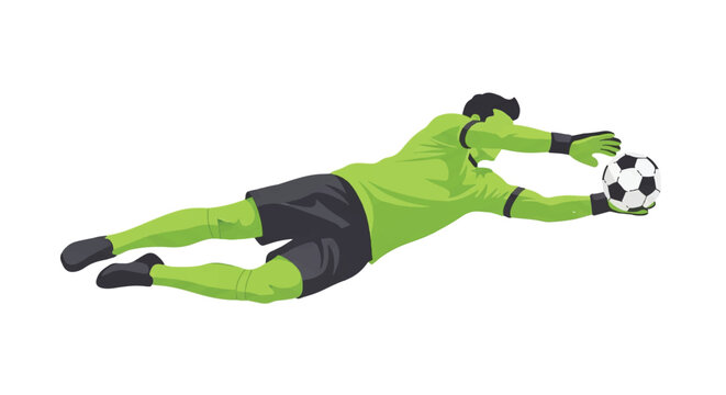 Full body shot of a goalkeeper diving horizontally to save a ball, fingertips barely touching the soccer ball, intense focus, dramatic lateral movement, minimalist palette of lime green and