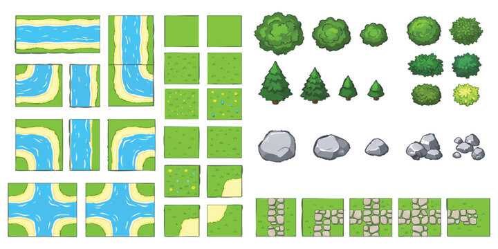 Top down game map assets with river tiles grass land trees rocks and stone paths for mobile video game design