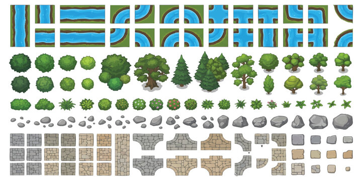 Top down game asset pack with river tiles trees bushes stones and road segments for building a map design