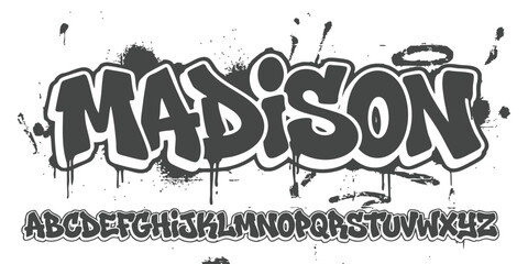 Madison name written in cool black and white graffiti bubble letters style with alphabet set below design © ZenVectors