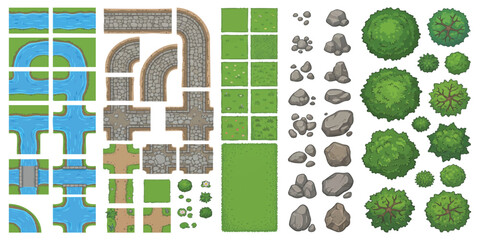 Pixel art game asset kit with top down map tiles including roads rivers grass terrain rocks and green trees © ZenVectors
