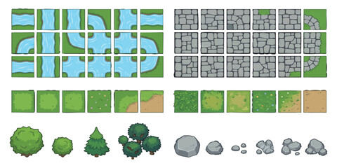Set of pixel art game tiles for top down map design including water paths stone ground trees and rocks © ZenVectors