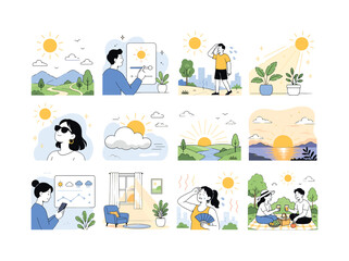 Fototapeta premium Sun Brightness Weather. Weather and sunlight conditions theme and related climate scenes. 12 minimalist editorial vector scenes: sun shining over landscape, adjusting brightness settings, hot sunny