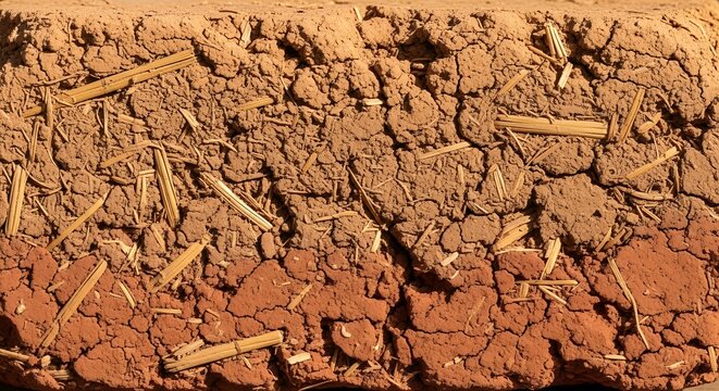 Cross Section of Adobe Brick Wall Showing Layers of Earth and Straw.