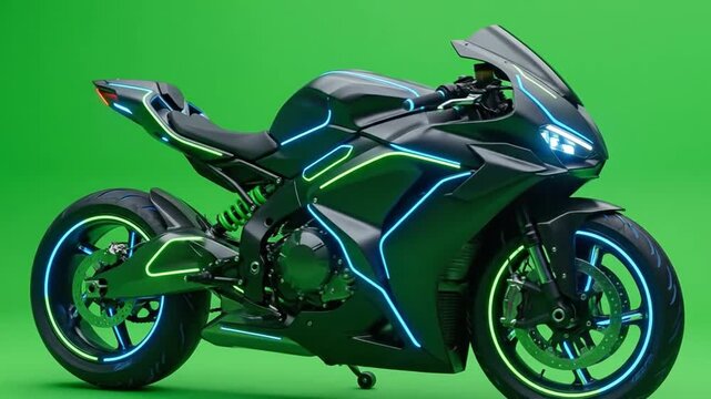 Futuristic motorcycle glows with neon blue lights on green screen