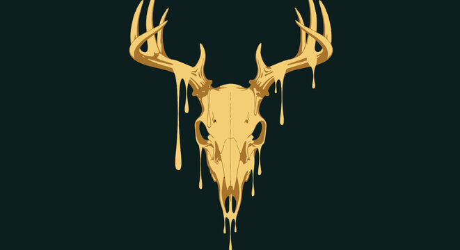 Stylized flat vector deer skull with dripping liquid effect on dark background for graphic design projects