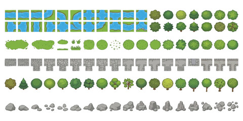 Top view landscape design elements set with various trees paths water and rocks for architectural site plans © ZenVectors