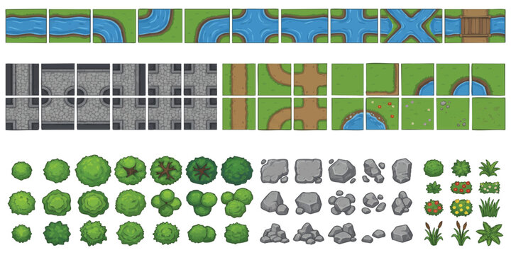 Top down 2d game tile set with nature terrain grass water road and trees for building maps and landscapes