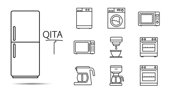 Set of home appliances icons including refrigerator, dishwasher, washing machine, microwave, oven and coffee maker