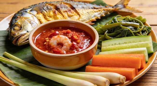 Authentic Thai food still life with shrimp paste and seafood