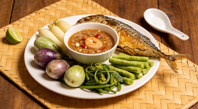 Fried mackerel served with spicy Thai chili dip and boiled vegetables