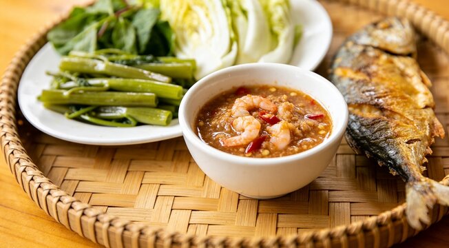 Thai shrimp paste chili dip with fried mackerel and boiled vegetables, traditional Thai food still life