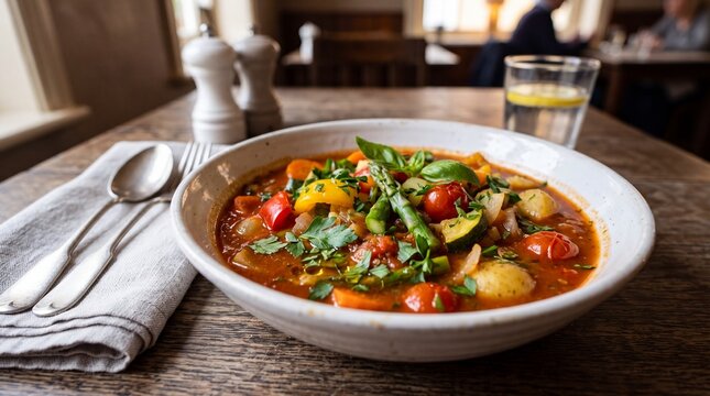 Hearty vegetable soup served in a rustic ceramic bowl with fresh herbs and seasonal ingredients placed on a dark wooden restaurant table with silverware and water for a healthy