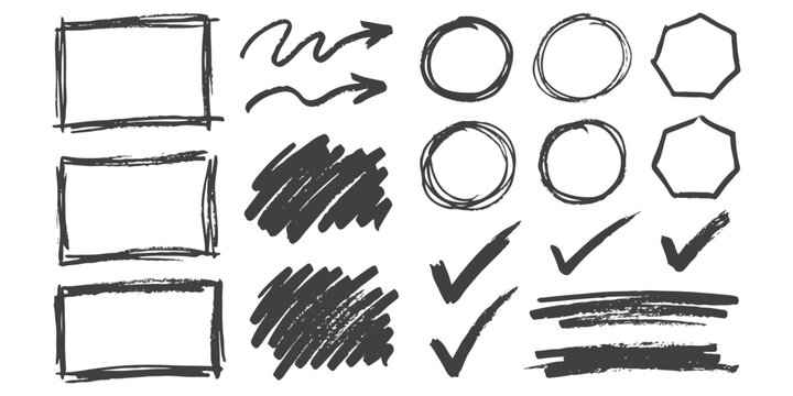 Hand drawn doodle shapes collection including frames arrows circles and check marks