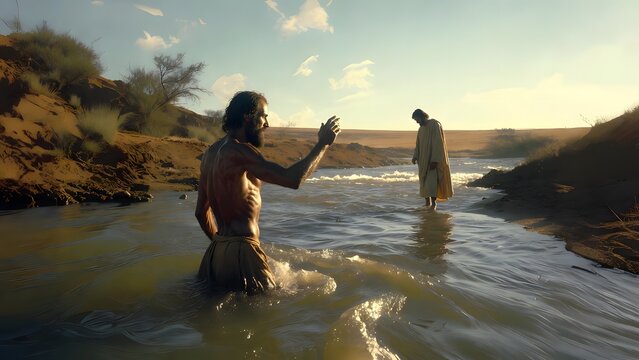 Subject: John the Baptist waist-deep in the Jordan with hand raised in blessing as Jesus nears the shoreline entrance to the water, presented as a moment of holy preparation + Environment: tranquil ri