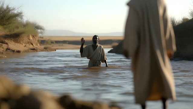 Subject: John the Baptist waist-deep in the Jordan with hand raised in blessing as Jesus nears the shoreline entrance to the water, presented as a moment of holy preparation + Environment: tranquil ri