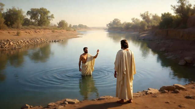 Subject: John the Baptist waist-deep in the Jordan River with hand raised in blessing as Jesus approaches from the shore, portraying the river as a sanctuary for a new beginning + Environment: natural