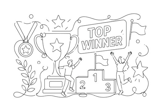 Trophy Award Winner. Clean one-line drawing banner composition showing oversized trophy cup and large winner podium with 2 celebrating characters, scattered medal, star, laurel branch and small flag