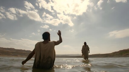 Fototapeta premium Subject: John the Baptist waist-deep in the Jordan raising his hand over Jesus approaching from the bank, framed as a blessing beneath a vast sky that signals renewal + Environment: open Jordan basin 