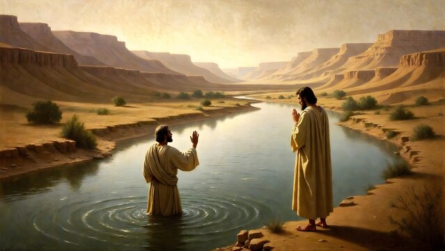 Subject: John the Baptist waist-deep in the Jordan River blessing Jesus as he approaches from land, shaped as a sacred arrival witnessed by the valley landscape + Environment: broad Jordan valley with
