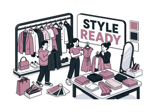 Clothes Fashion Wardrobe banner, clean focused full-canvas scene of three expressive people styling outfits around one oversized wardrobe rack stretching to top and left edges, large folded clothing