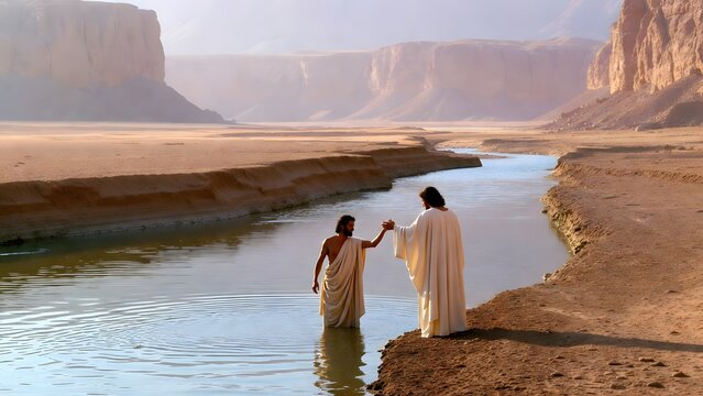 Subject: John the Baptist waist-deep in the Jordan blessing Jesus as he approaches from the riverbank, framed as a sacred beginning unfolding in the valley + Environment: Jordan valley floor with dist