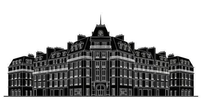 Black and white silhouette of a classic Haussmann style Parisian building