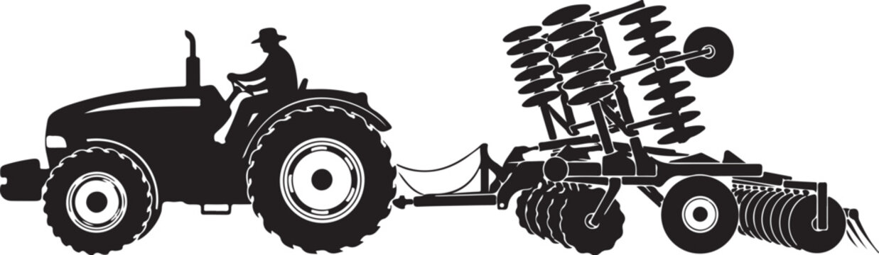 Black silhouette of tractor with disk harrow and driver